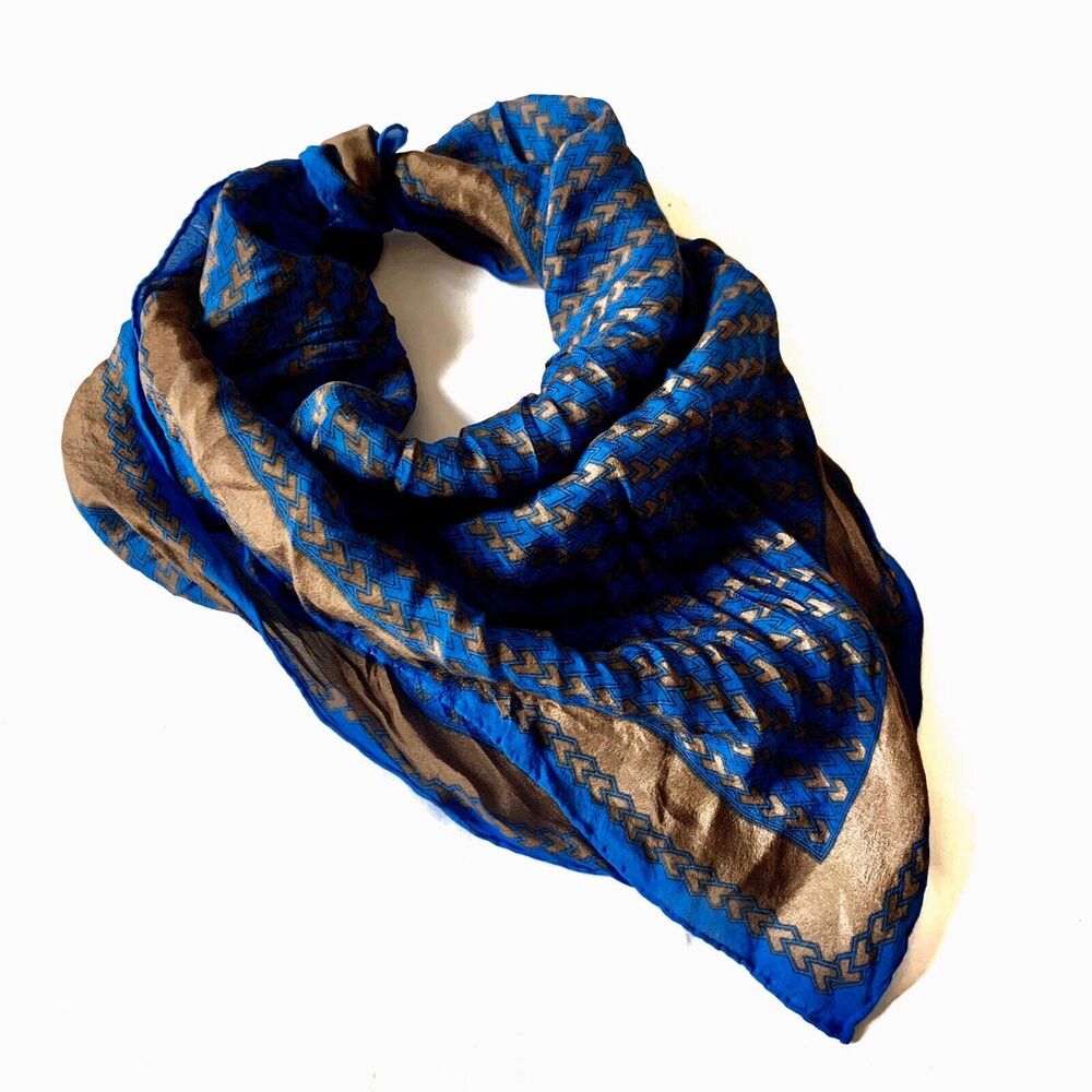 Vintage Anne Klein For Robinson & Golluber Blue & Brown Silk Handkerchief Scarf